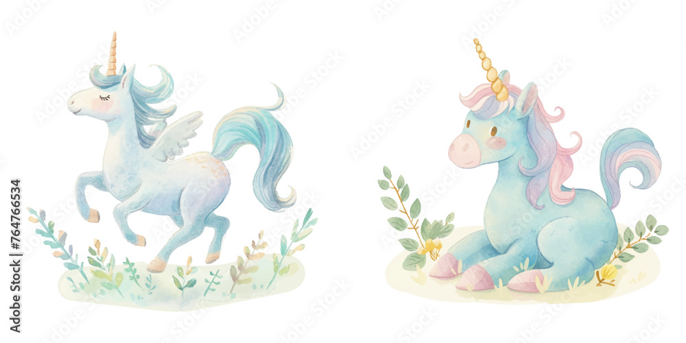 Fototapeta premium cute unicorn watercolour vectopr illustration 