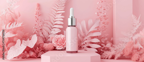 Pink pastel cosmetic mockup. Banner with cream jar, container, serum bottle, flowers and leaf.  Skin Care beauty concept. Showcase for product presentation. Ads background. Generative ai
