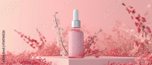 Pink pastel cosmetic mockup. Banner with cream jar, container, serum bottle, flowers and leaf.  Skin Care beauty concept. Showcase for product presentation. Ads background. Generative ai