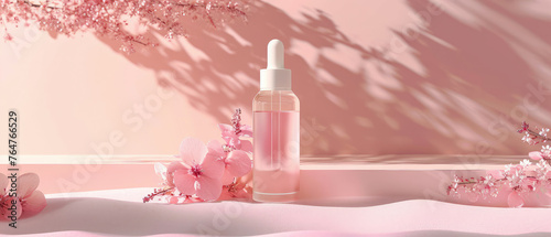 Pink pastel cosmetic mockup. Banner with cream jar, container, serum bottle, flowers and leaf.  Skin Care beauty concept. Showcase for product presentation. Ads background. Generative ai