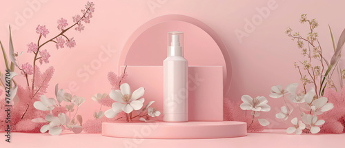 Pink pastel cosmetic mockup. Banner with cream jar, container, serum bottle, flowers and leaf.  Skin Care beauty concept. Showcase for product presentation. Ads background. Generative ai