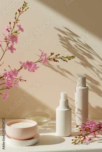 Beige vertical pastel cosmetic mockup. Banner with cream jar, container, serum bottle, dry flowers and leaf. Shadows effect. Skin Care beauty concept. Showcase for product presentation. Generative ai