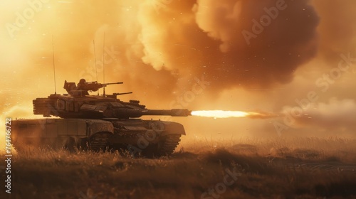 A tank is positioned in the middle of a vast field, displaying its commanding presence as it fires its cannon. The scene exudes military strength and power.
