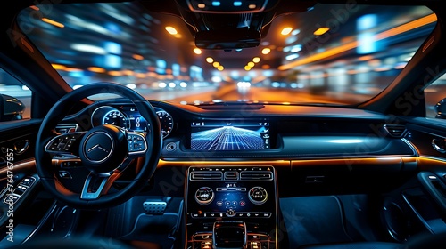 Photo steering wheel interior dashboard inside close up, high speed blur motion AI Image Generative © Anditya