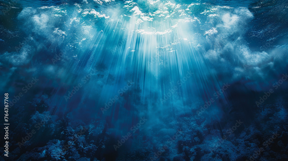 Naklejka premium Underwater Serenity: Sunlight Piercing Through Ocean Depths
