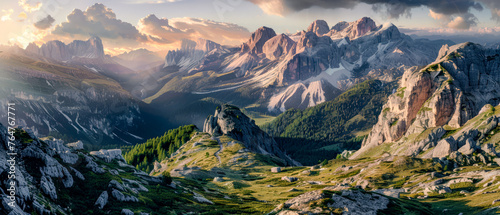 Majestic Peaks A Panoramic Mountain Display of Nature's Grandeur at Dusk Wallpaper Background Poster Digital Art