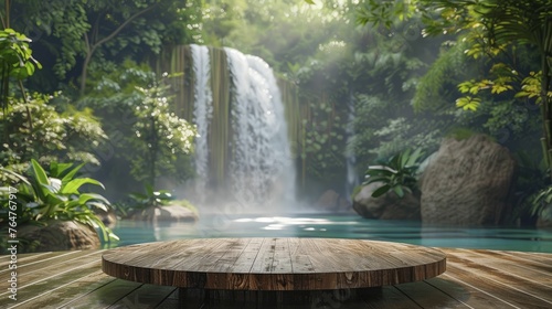 An elegant display setting with a tropical hardwood podium  framed by a stunning lush island waterfall background  perfect for showcasing resort and lifestyle products.