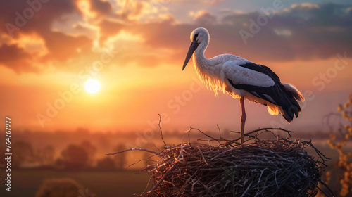 Stork in the nest against the backdrop of sunset. 