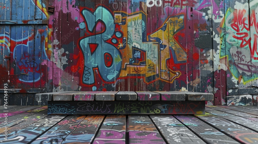 Fototapeta premium Vivid Graffiti Podium, front view focus, with an Urban Street Art Alley Background, ideal for contemporary art product displays