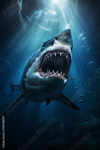 Shark  ancient predator  lurking in abyssal darkness  a glimpse of its massive jaws in the shadows 3D render  Underwater lighting  Lens Flare