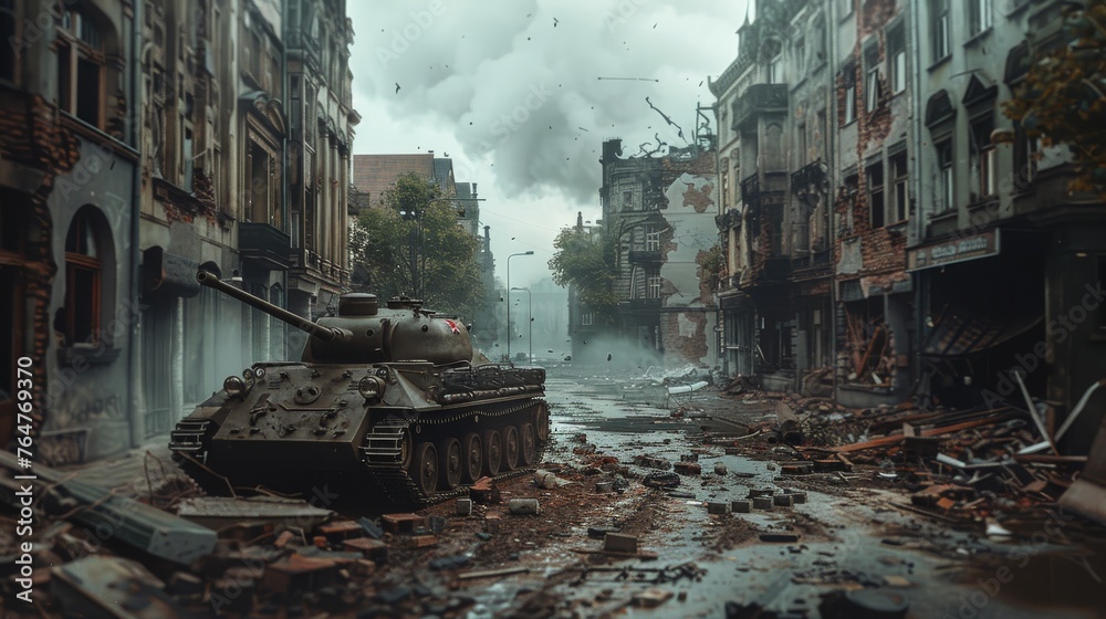 A tank sits in the center of a destroyed street, showing signs of ...