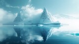 A large iceberg floats motionless in the middle of a vast body of water, showcasing its majestic size and icy composition. The iceberg stands out against the surrounding water, creating a stark
