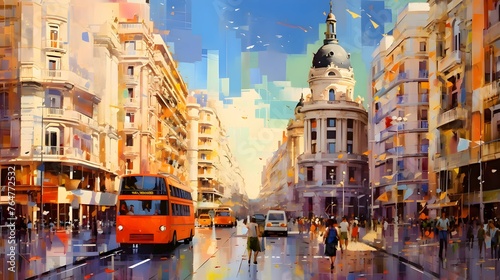 Digital painting of a city street with high-rise buildings and a tram
