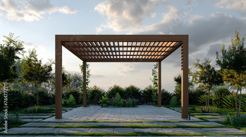 bioclimatic pergola, cloudy sky setting, grass around, with almost no elements around, front view, regular lamellas © Kholoud