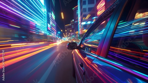 Dynamic view from a moving car with colorful streaks of urban lights, capturing the essence of motion in a busy city at night.