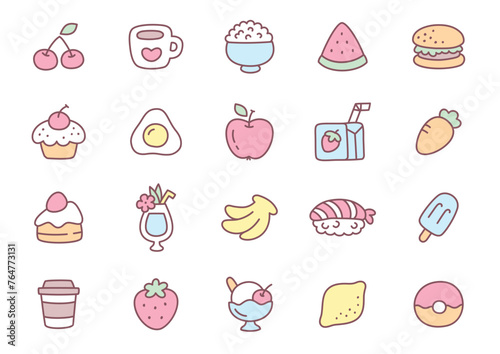 Kawaii food icon set. Collection of cute hand drawn food stickers isolated on a white background. Vector 10 EPS.
