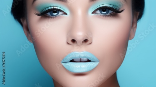A woman with blue lips and blue eyes