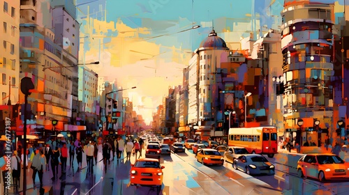 Digital painting of a crowd of people walking on the street at sunset © Hawk