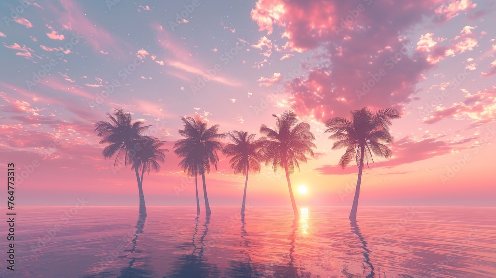 Three tall palm trees stand in the water during a colorful sunset. The sun is setting behind them, casting a warm glow on the scene.