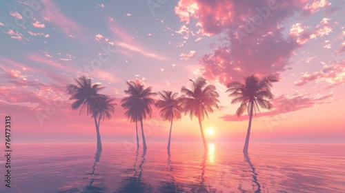Three tall palm trees stand in the water during a colorful sunset. The sun is setting behind them, casting a warm glow on the scene.