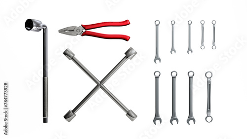 3D rendering, Realistic mock up mechanic equipment collection, wrench, pliers, isolated on white background.