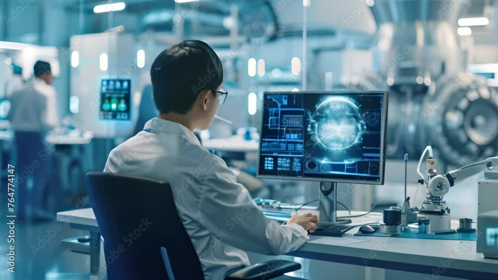 A man is sitting at a computer in a lab. He is wearing a white lab coat and glasses. The computer screen shows a complex image of a cell. The lab is filled with various scientific equipment