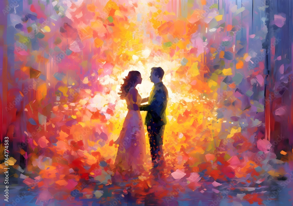 Wedding couple on the background of autumn leaves. Illustration