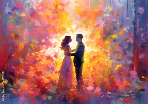 Wedding couple on the background of autumn leaves. Illustration