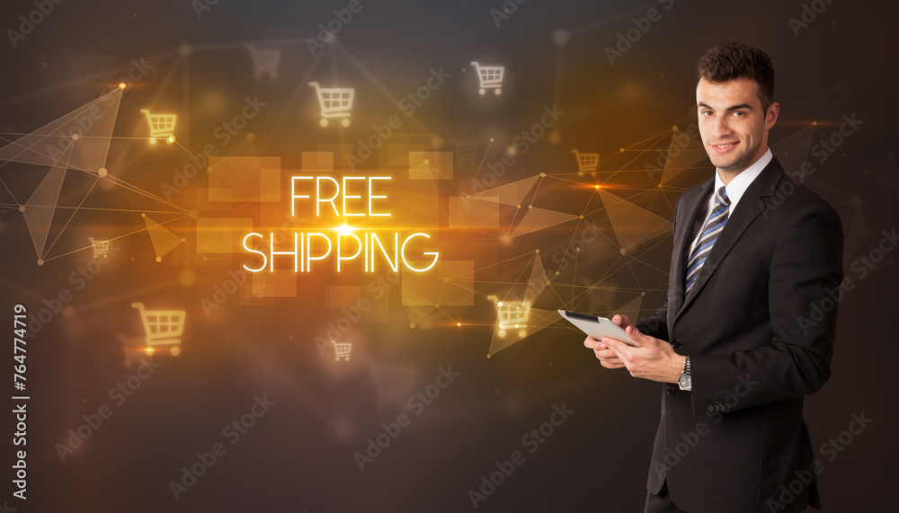 Businessman thinking about shopping concept Businessman thinking about shopping concept