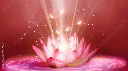 A radiant lotus flower in vibrant pink unfolds its petals, emitting a divine light, symbolizing spiritual emergence and the divine essence of Vesak.
