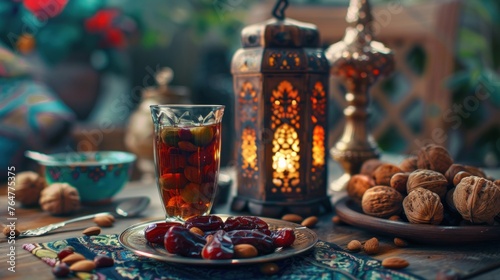 Ramadan Kareem holiday table with dates fruits plate, nuts, wooden lantern mosque, cup of tea.