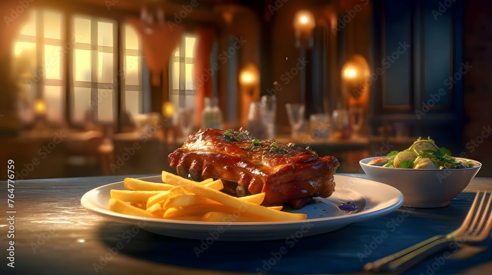 Grilled pork loin with french fries on a restaurant table. - obrazy, fototapety, plakaty 