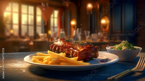Grilled pork loin with french fries on a restaurant table.