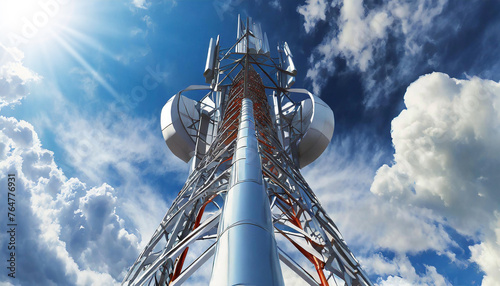Aerials on blue sky with clouds. Close-up and bottom view of a communications tower for mobile phone. Generative Ai. © Alberto Masnovo