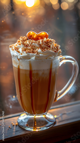 A latte with salted caramel and whipped cream.