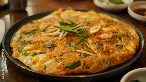 Savory Crispy Haemul Pajeon - Traditional Korean Seafood Pancake Served on Wooden Plate