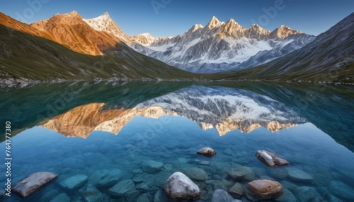 The setting sun casts a warm glow over a pristine alpine lake  where clear waters offer a mirror-like reflection. The smooth stones at the water s edge complement the rugged mountain backdrop. AI