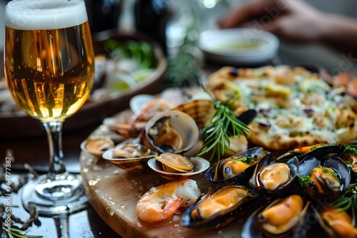 Savory Seafood Delight and Refreshing Beer Pairing on Rustic Tabletop