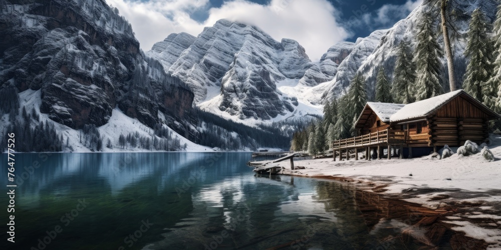 house on the lake in winter with mountains in the background Generative AI