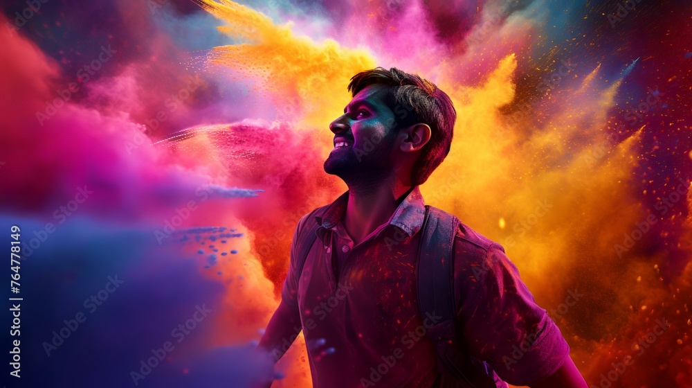 Handsome young man in colorful smoke on Holi festival.