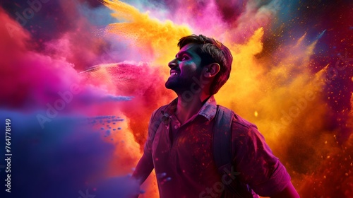 Handsome young man in colorful smoke on Holi festival.