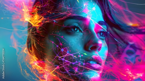 The psychedelic portrait, permeated with bright neon shades and neural networks, is an artificial reflection of the combination of the digital world and human imagination.