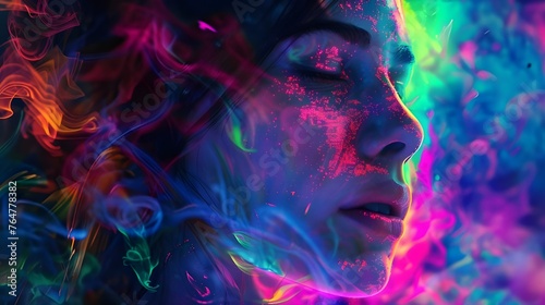 The female image in a psychedelic dream, surrounded by bright neon shades, visualizes the harmony between the human imagination and technological elements.