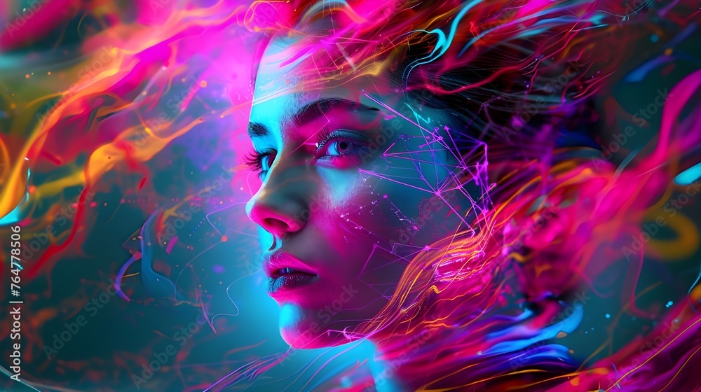 The female image in the world of neural networks, animated by psychedelic tones, calls for exploring the digital facets of imagination. - obrazy, fototapety, plakaty 