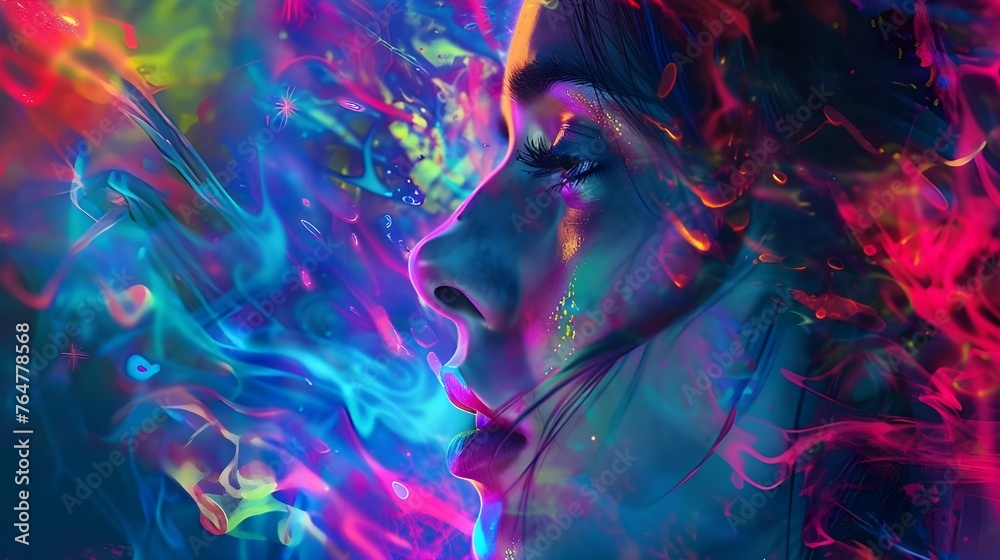  The portrait of a girl surrounded by bright neon rays in a psychedelic setting attracts attention with its mystery.