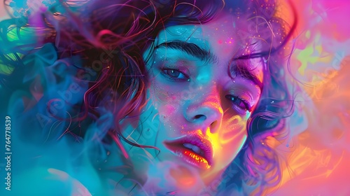 In the surreal world of psychedelics  the female form  surrounded by bright neon reflections  becomes a symbol of fantasy reality.