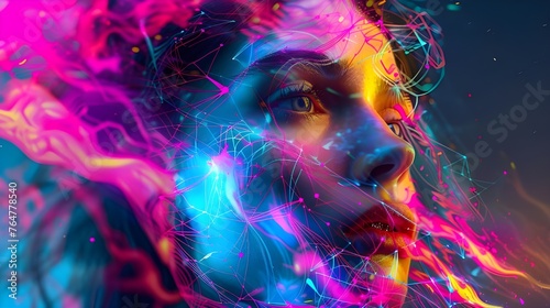 The virtual world of neural networks reveals female beauty through the prism of psychedelic colors and shapes, creating a hyperrealistic perception. photo