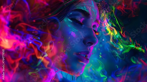 A portrait of a woman surrounded by bright neon colors embodies the mystical atmosphere of psychedelic visions.