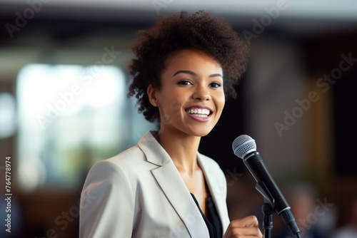woman with microphone at public speaking Generative AI