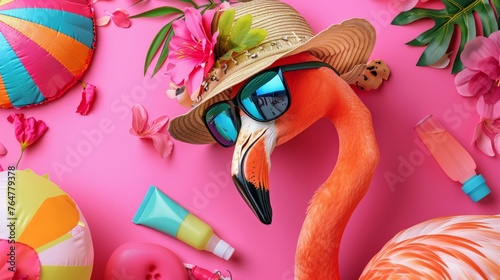 A stylish flamingo donning sunglasses and a widebrim hat, surrounded by summer essentials like a beach ball and sunscreen, on a vibrant pink background photo